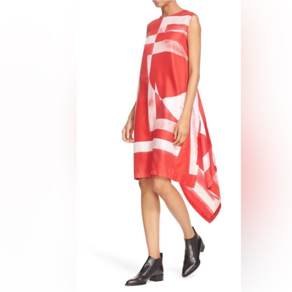 DKNY Red and White Silk Asymmetric Dress in size L